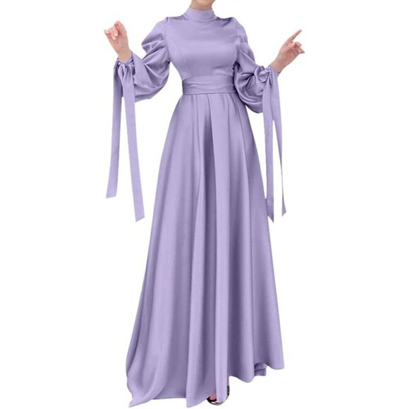 Women Muslim Dubai Dress Lantern Sleeve Slim Fit Satin Islamic Kaftan Robe